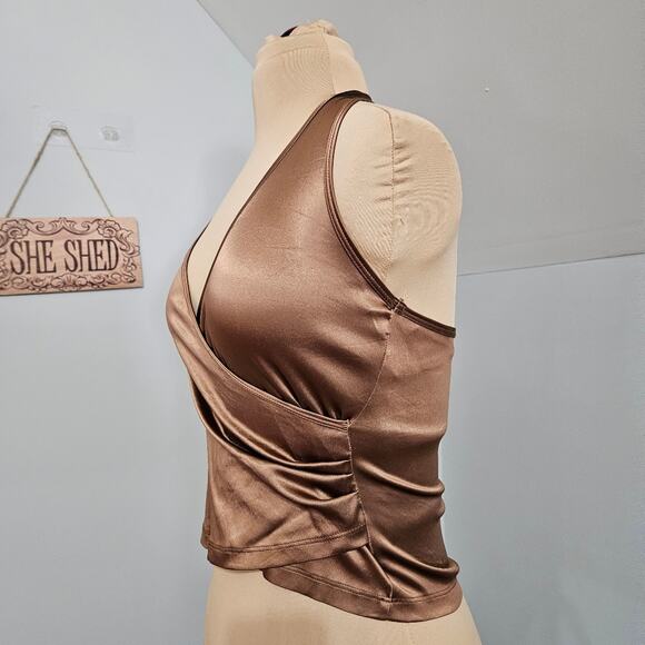 Nally and Millie Bronze Surplice Neck Ruched Side Cropped Halter Top Y2K Medium - Picture 2 of 13